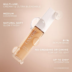 Lancôme Teint Idole serum concealer swatch showing skin-like finish and glow.