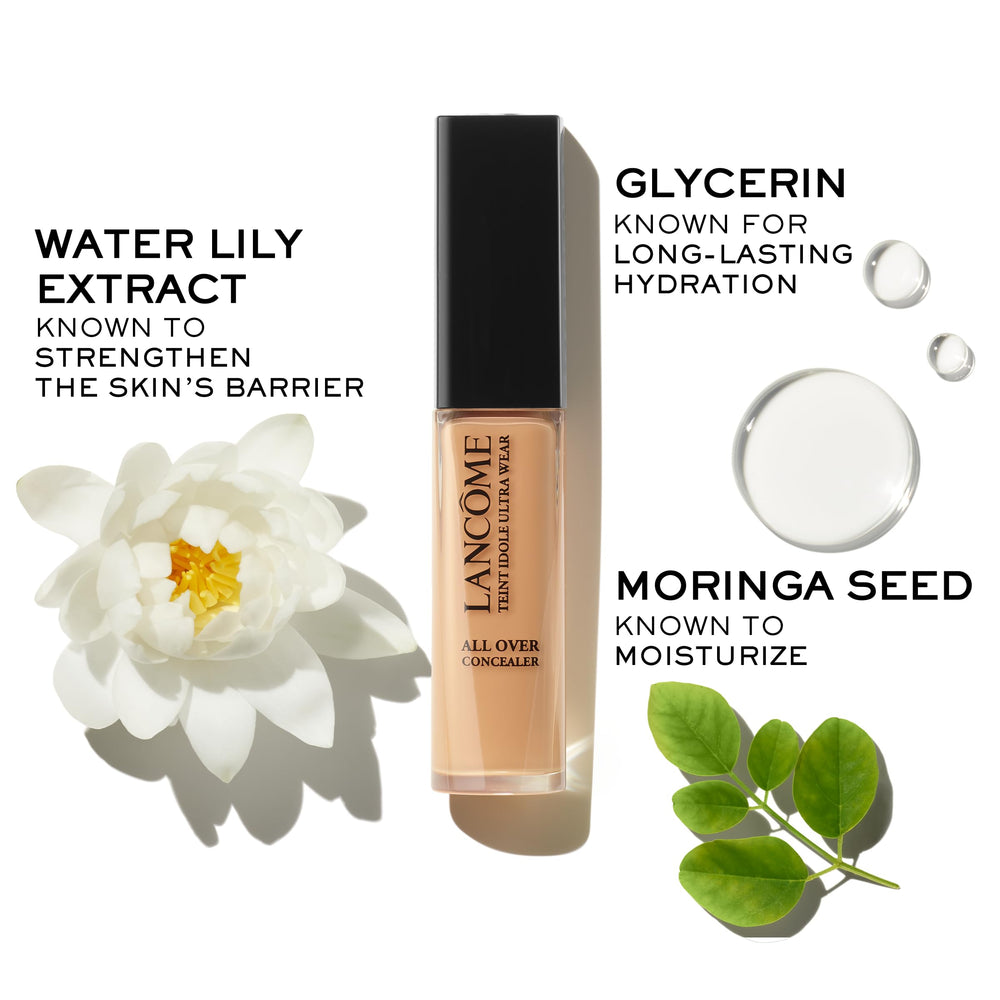 Lancôme concealer bottle highlighting 24-hour hydration and comfort.