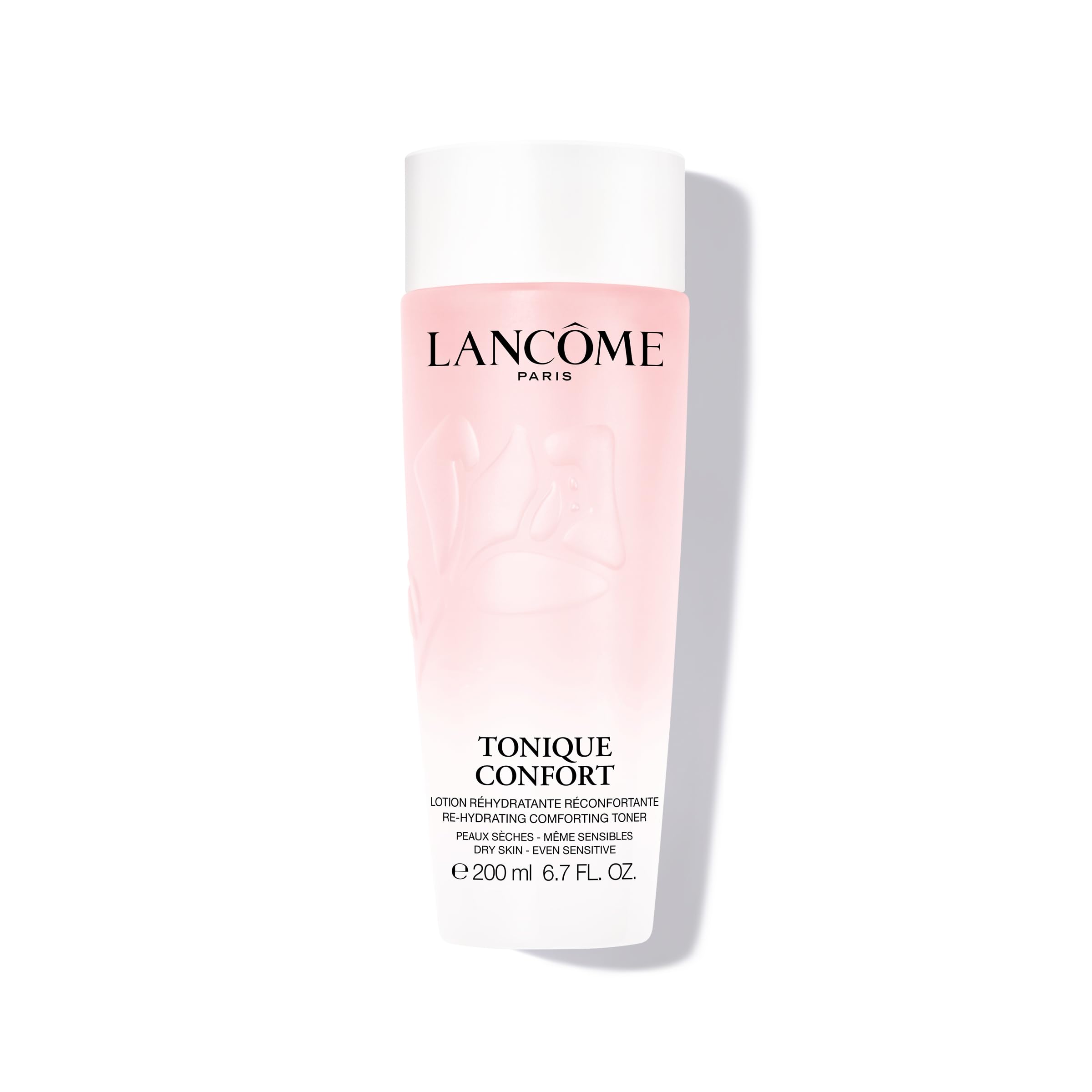 Lancôme Tonique Confort bottle closeup highlights hydrating toner for all skin types.