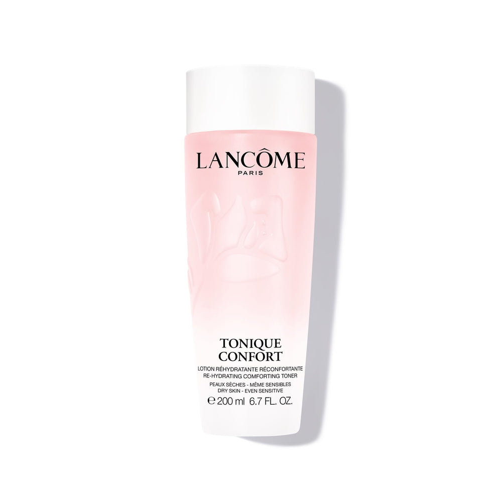 Lancôme Tonique Confort bottle closeup highlights hydrating toner for all skin types.