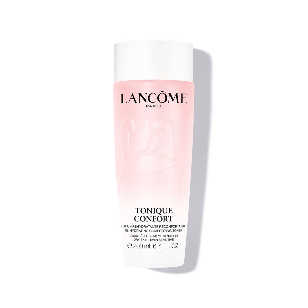 Lancôme Tonique Confort bottle closeup highlights hydrating toner for all skin types.
