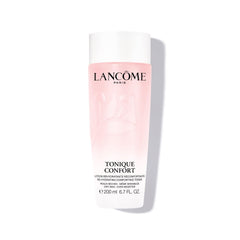 Lancôme Tonique Confort bottle closeup highlights hydrating toner for all skin types.