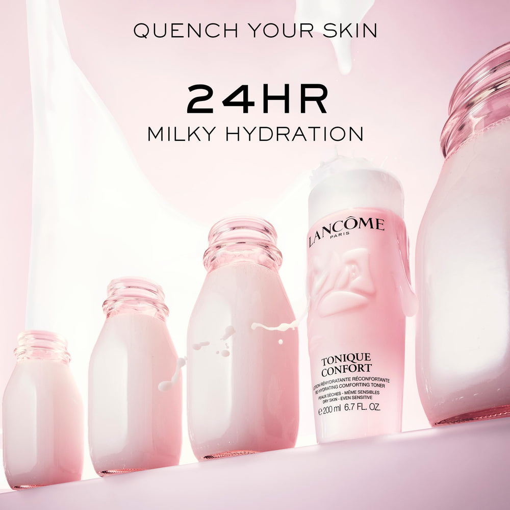 Lancôme Tonique Confort in a morning routine setup suggests glow-boosting prep.