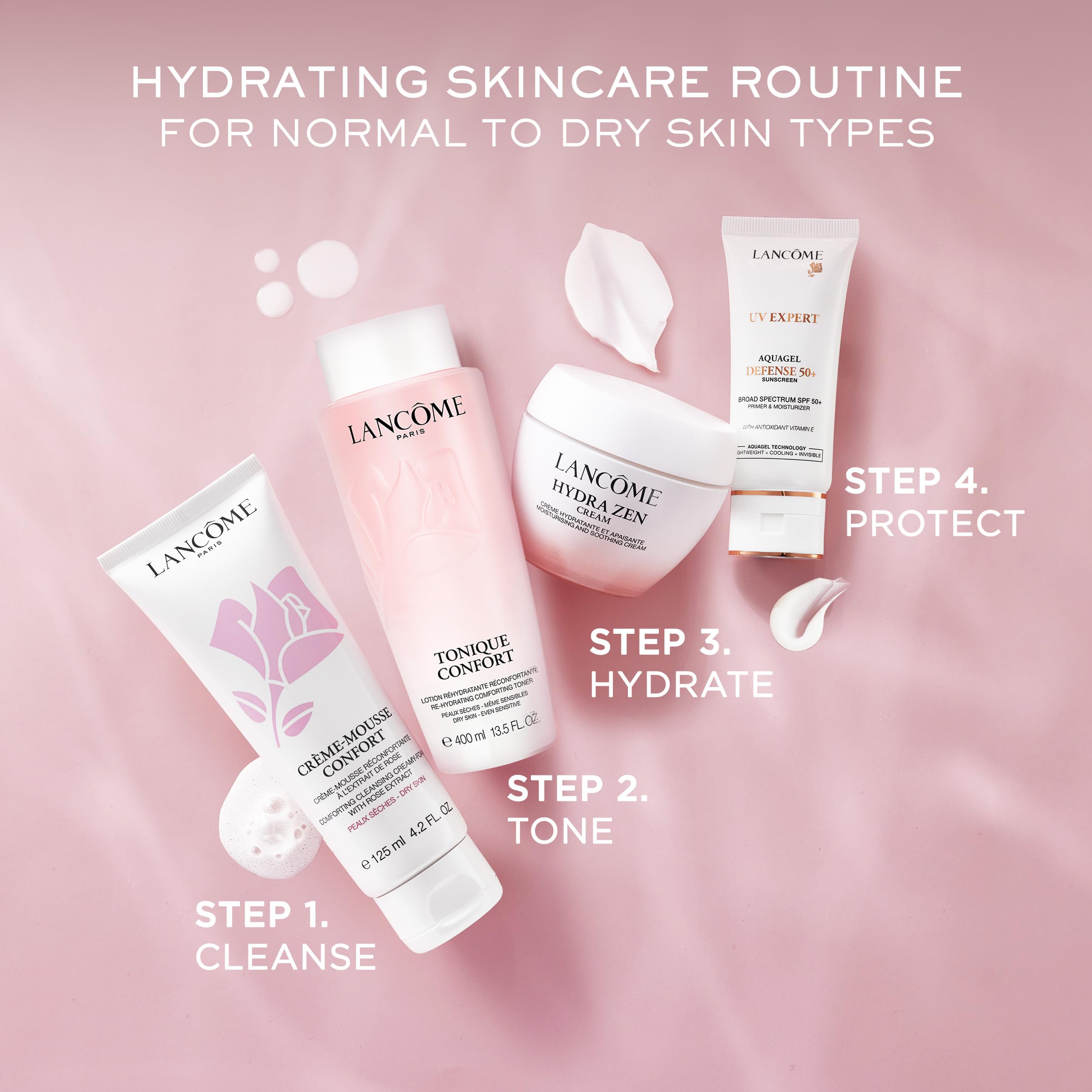 Lancôme Tonique Confort cotton pad application demonstrating gentle cleansing prep.