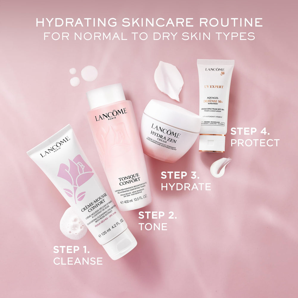 Lancôme Tonique Confort cotton pad application demonstrating gentle cleansing prep.