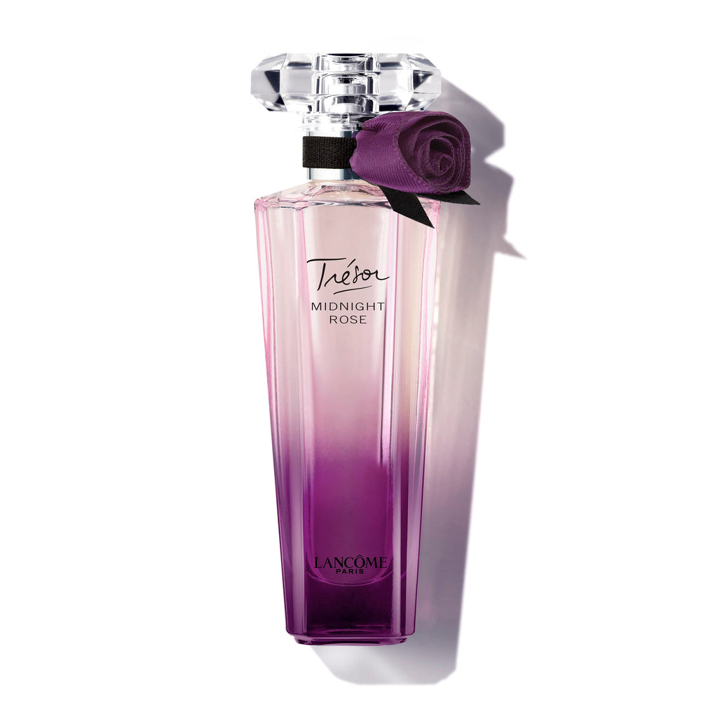 Lancôme Trésor Midnight EDP bottle shown, long-lasting warmth for evening wear.