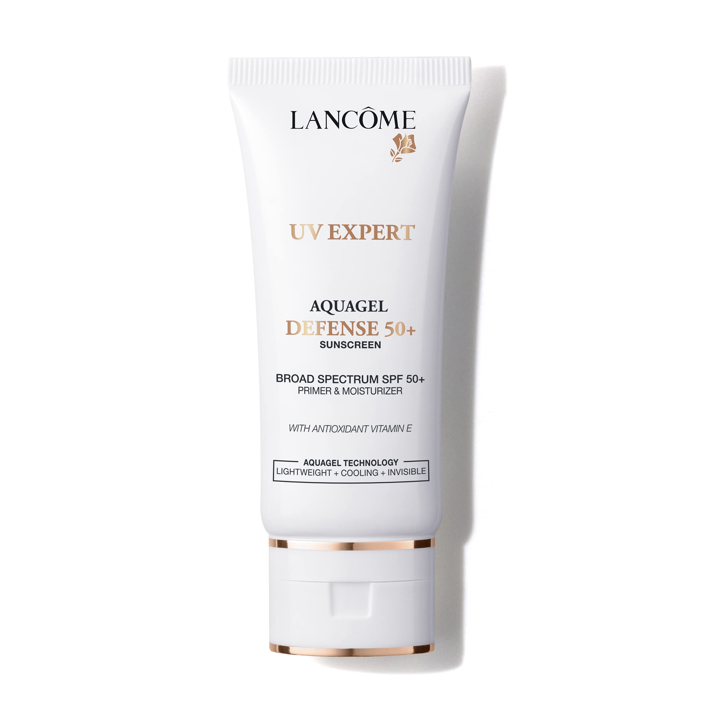 Lancôme UV Expert Defense SPF50 primer bottle shows weightless hydration and protection