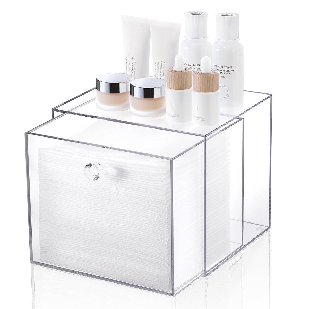 Landneoo disposable face towel container box, front view, showcasing space-saving vanity organization.