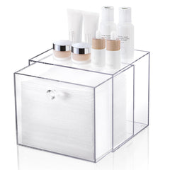 Landneoo disposable face towel container box, front view, showcasing space-saving vanity organization.