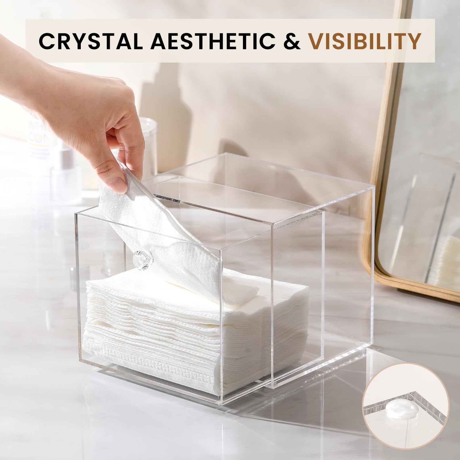 Landneoo disposable face towel container box, towels-on-top, space-saving vanity organization in use.