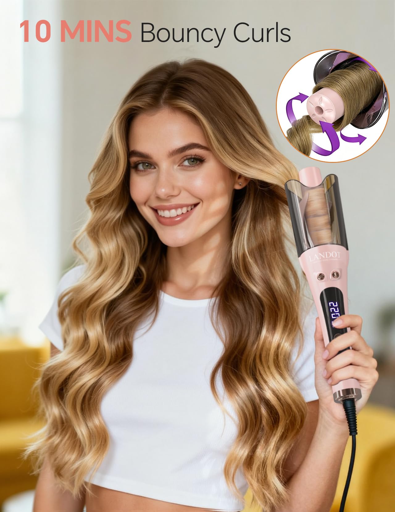 LANDOT pink rotating wand demonstrates anti-tangle rotation for smooth hair winding.