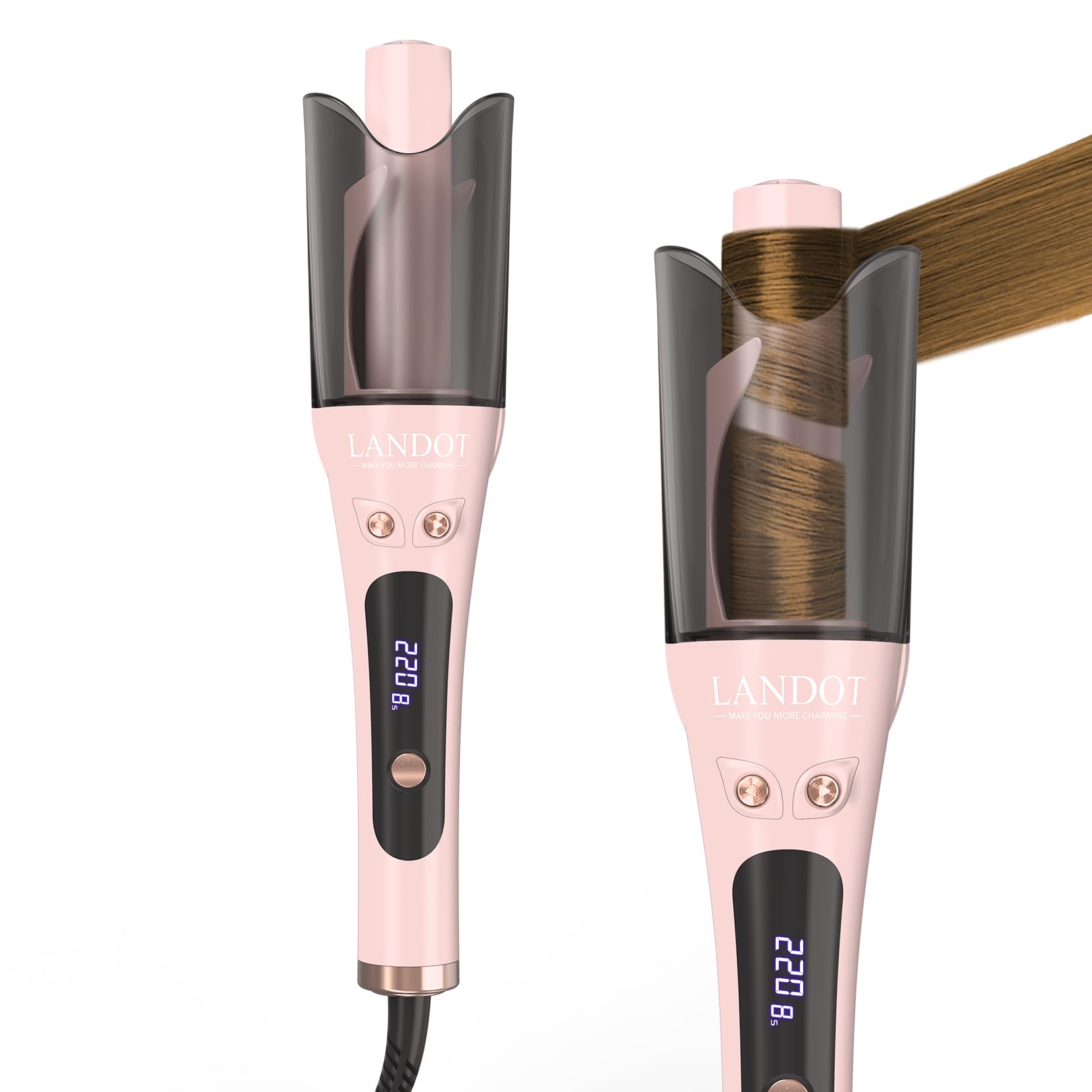 LANDOT automatic curling iron 1-inch pink wand for effortless salon curls at home.