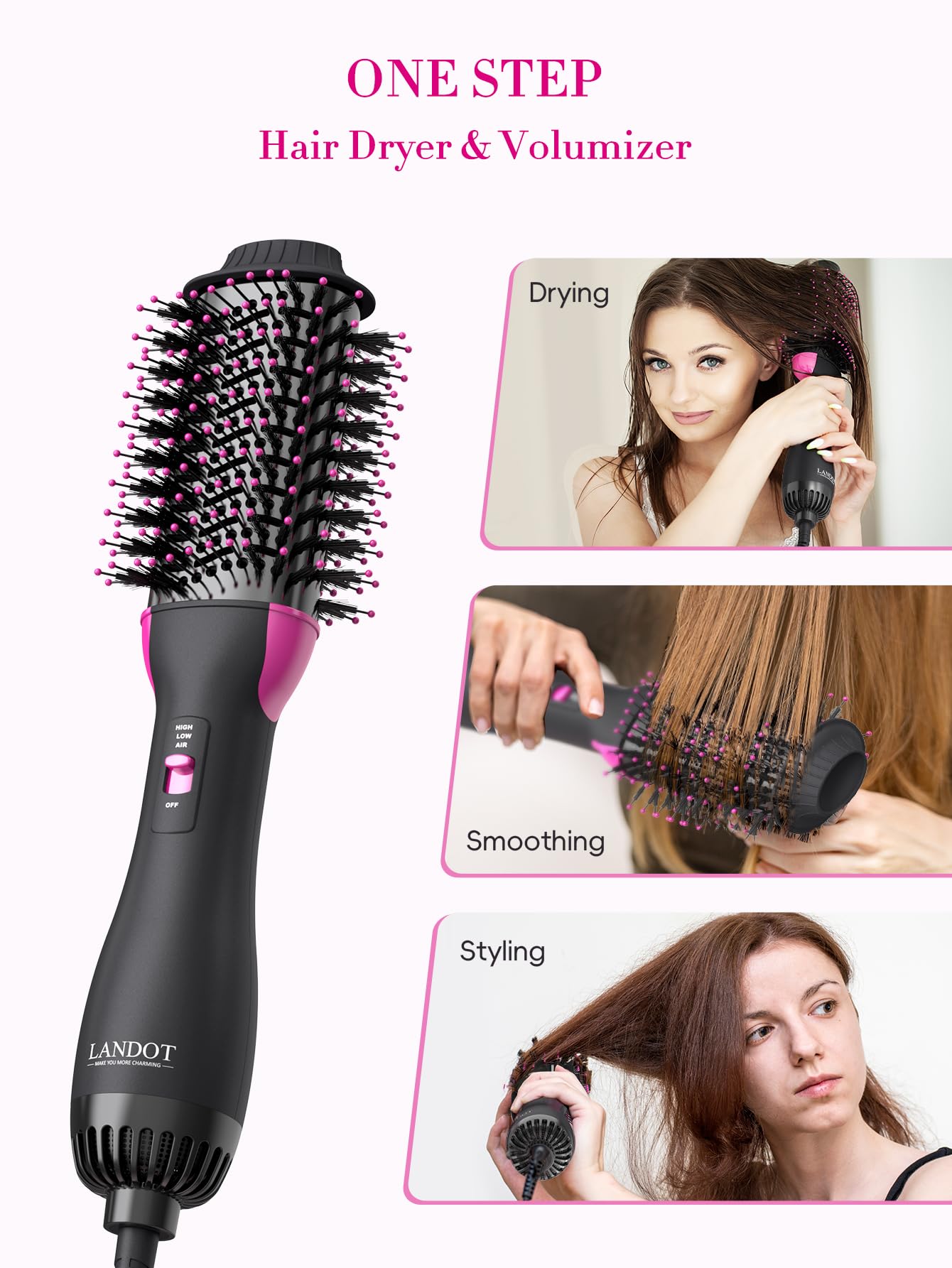 LANDOT brush uses ceramic titanium heating for even distribution and consistent results