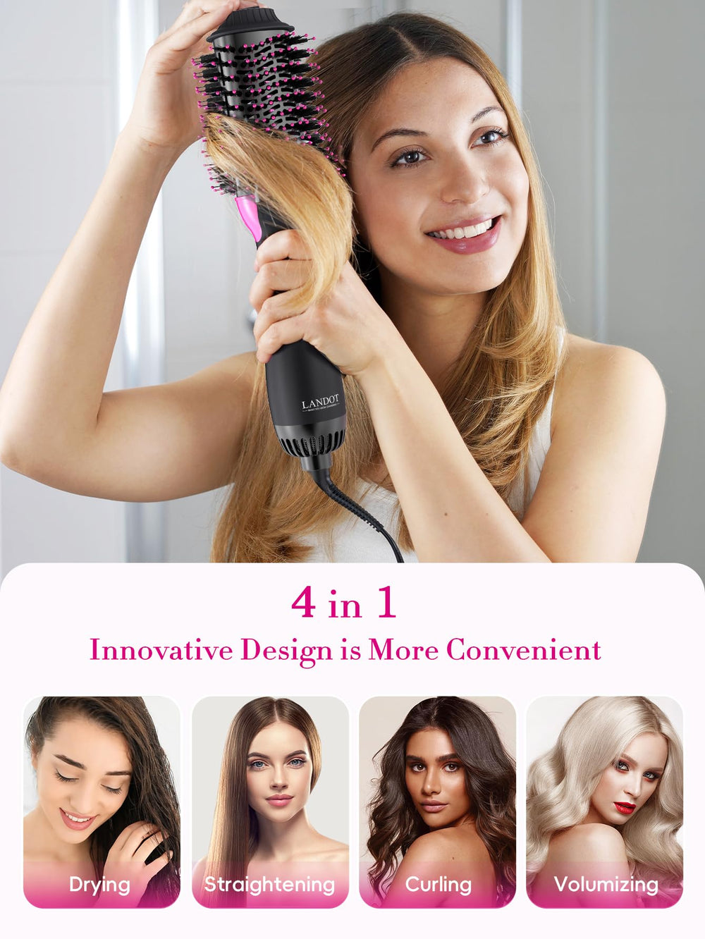 LANDOT hair dryer brush detangling nylon pins and tufts for smoother hair