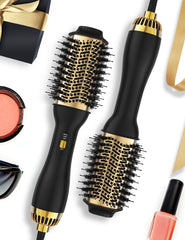 LANDOT hot air hair blow dryer brush in use delivers quick salon-style smoothing with a 60mm oval barrel.