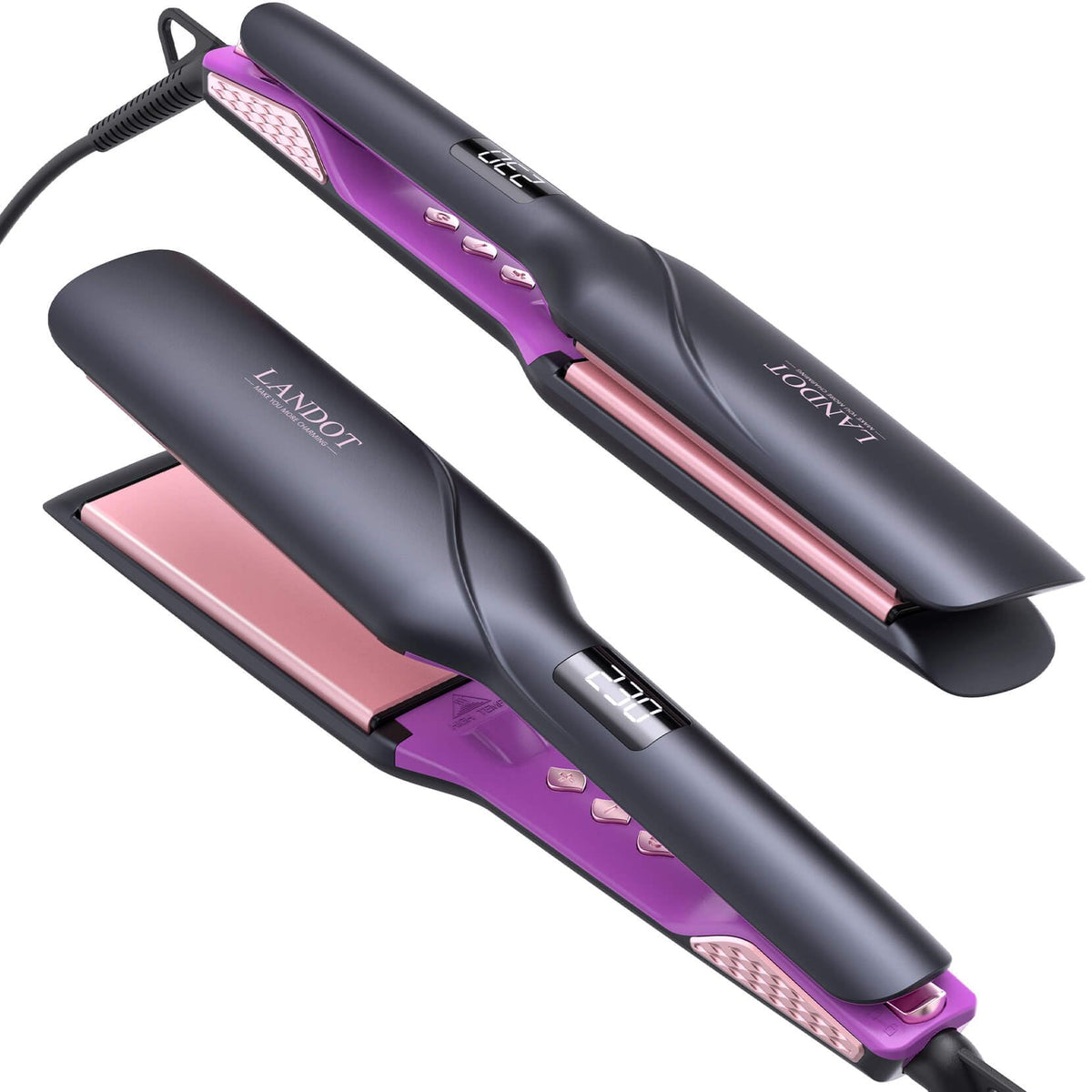 LANDOT Wide Flat Iron with ceramic plates for a smooth glide and frizz control.