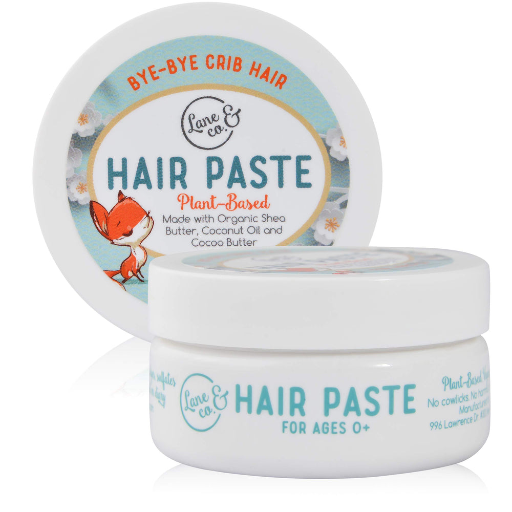 Lane & Co. Hair Paste tub close-up shows a gentle, plant-based styling option for kids.