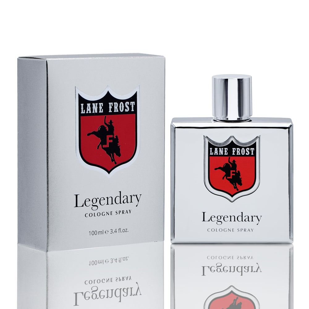 Lane Frost Legendary Chrome bottle front view showcases a bold Western fragrance for daily confidence.