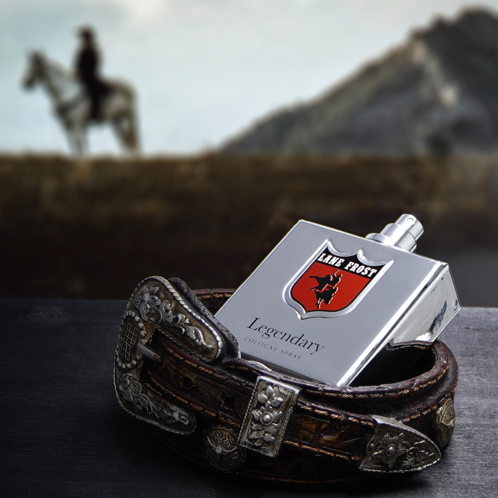 Lane Frost Legendary Chrome bottle side angle emphasizes modern design with rugged appeal.