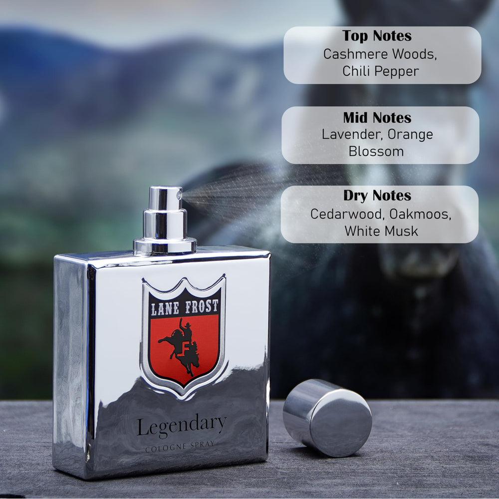Lane Frost Legendary Chrome bottle on wood texture evokes rugged outdoors vibe and enduring scent.