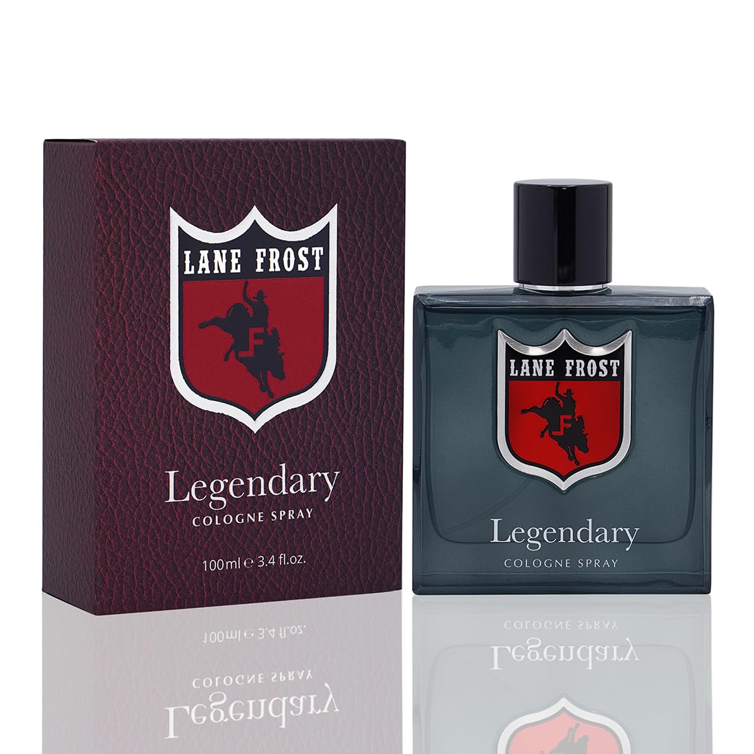 Lane Frost Legendary Cologne bottle front view showing masculine packaging for long lasting scent