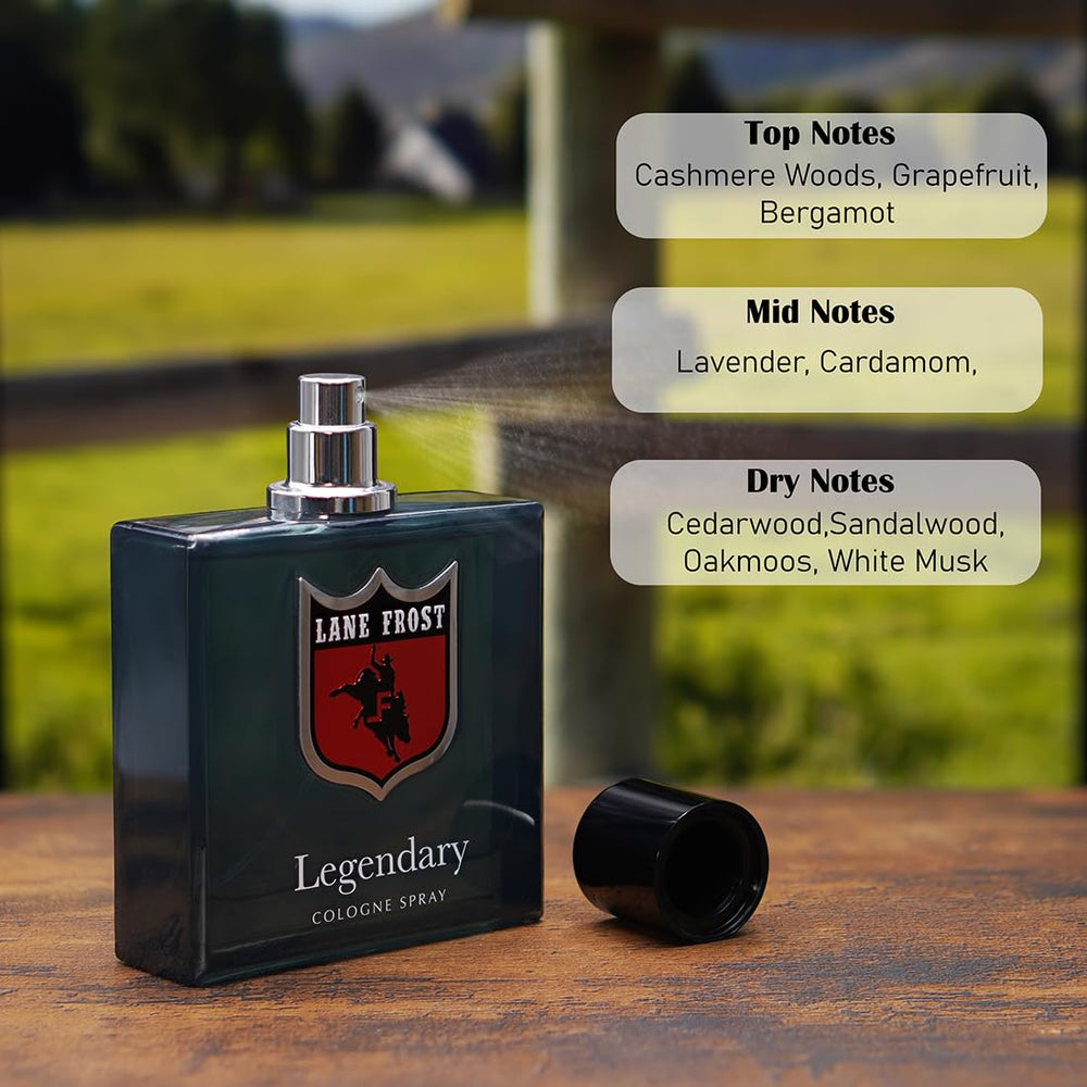 Lane Frost Legendary bottle spray close-up highlighting woodsy notes for daily wear