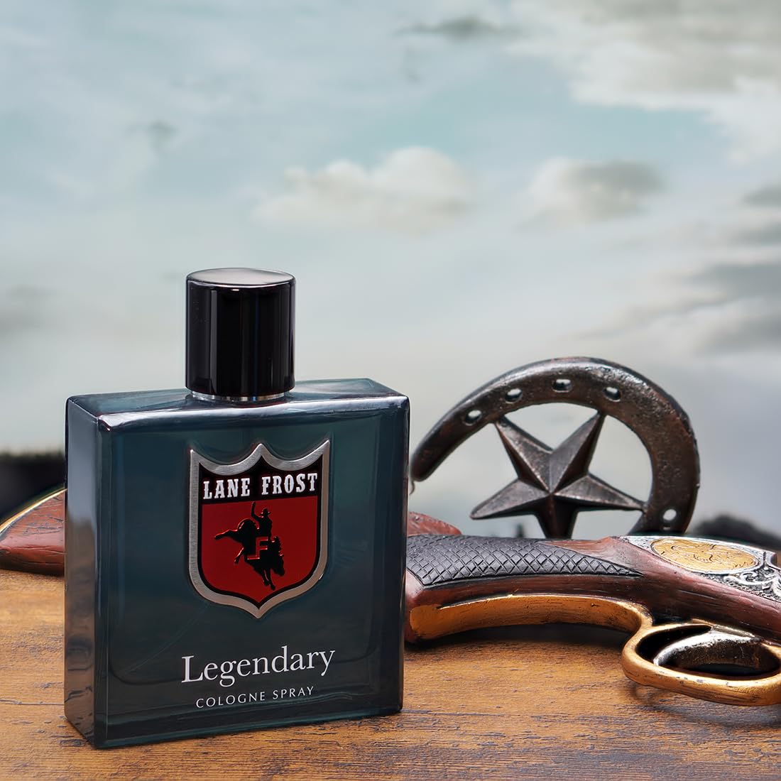 Lane Frost Legendary Cologne woodsy cedarwood close-up emphasizing rugged confidence
