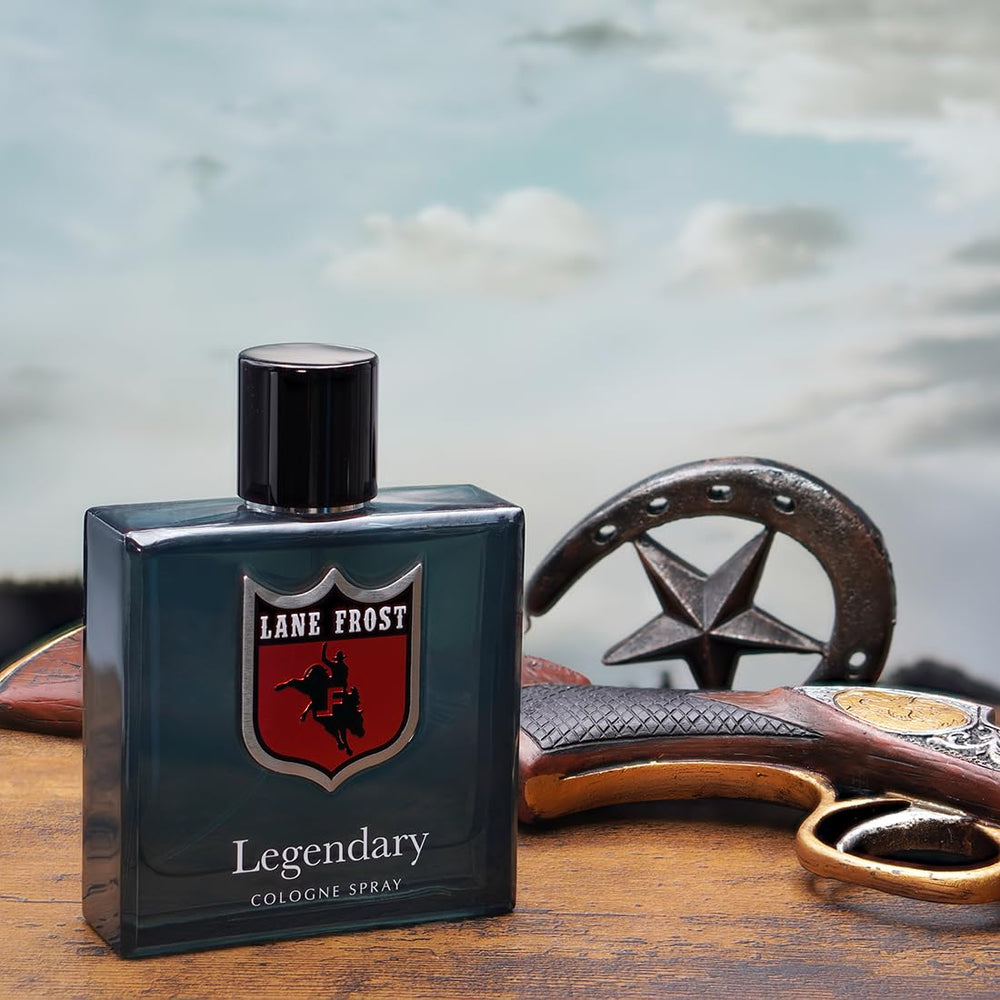 Lane Frost Legendary Cologne woodsy cedarwood close-up emphasizing rugged confidence