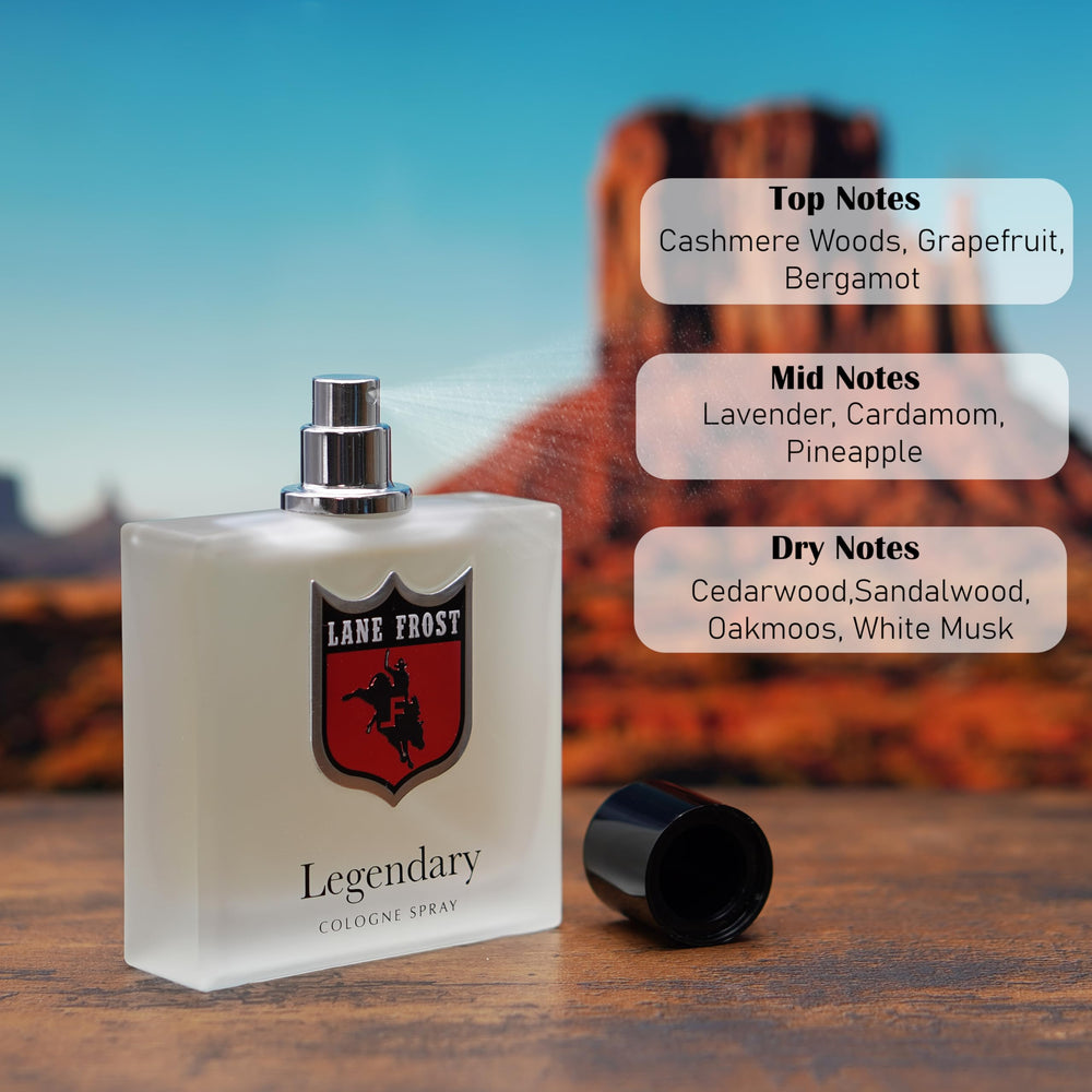 Lane Frost Legendary Cologne woodsy-notes close-up highlighting the scent's outdoor-inspired freshness.