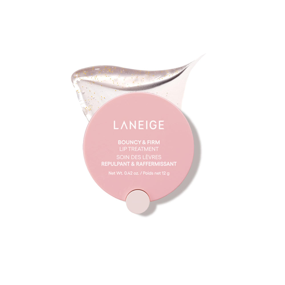 LANEIGE Bouncy & Firm Lip Treatment bottle close-up highlights Peony & Collagen Complex for hydration