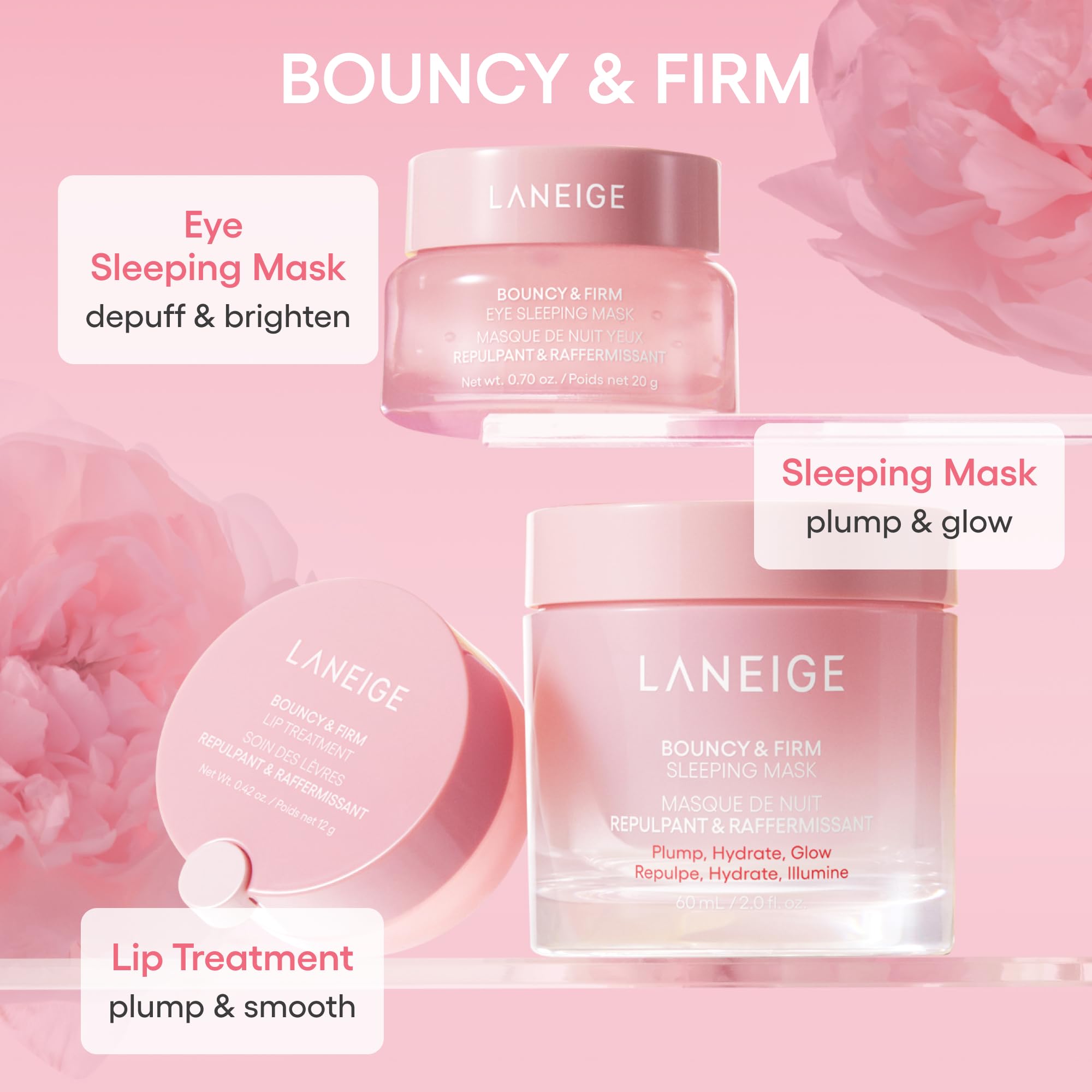 LANEIGE Bouncy & Firm Lip Treatment Peony Collagen Complex image highlights plump-looking lips
