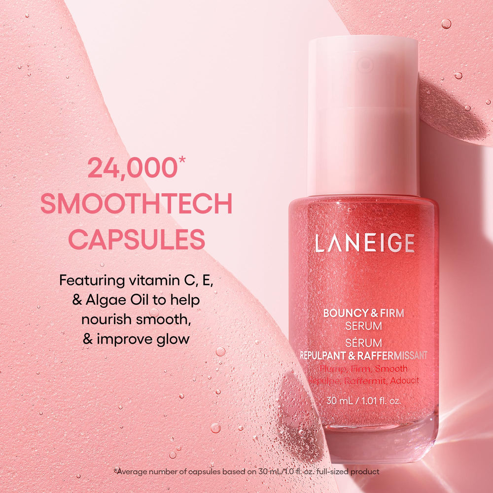 LANEIGE Bouncy & Firm Serum pump dispenser delivering a controlled amount.
