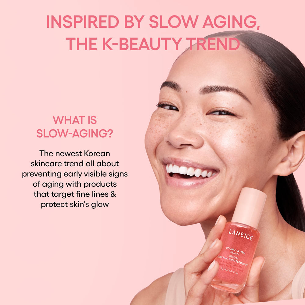 LANEIGE Bouncy & Firm Serum on skin delivering subtle glow and hydration.