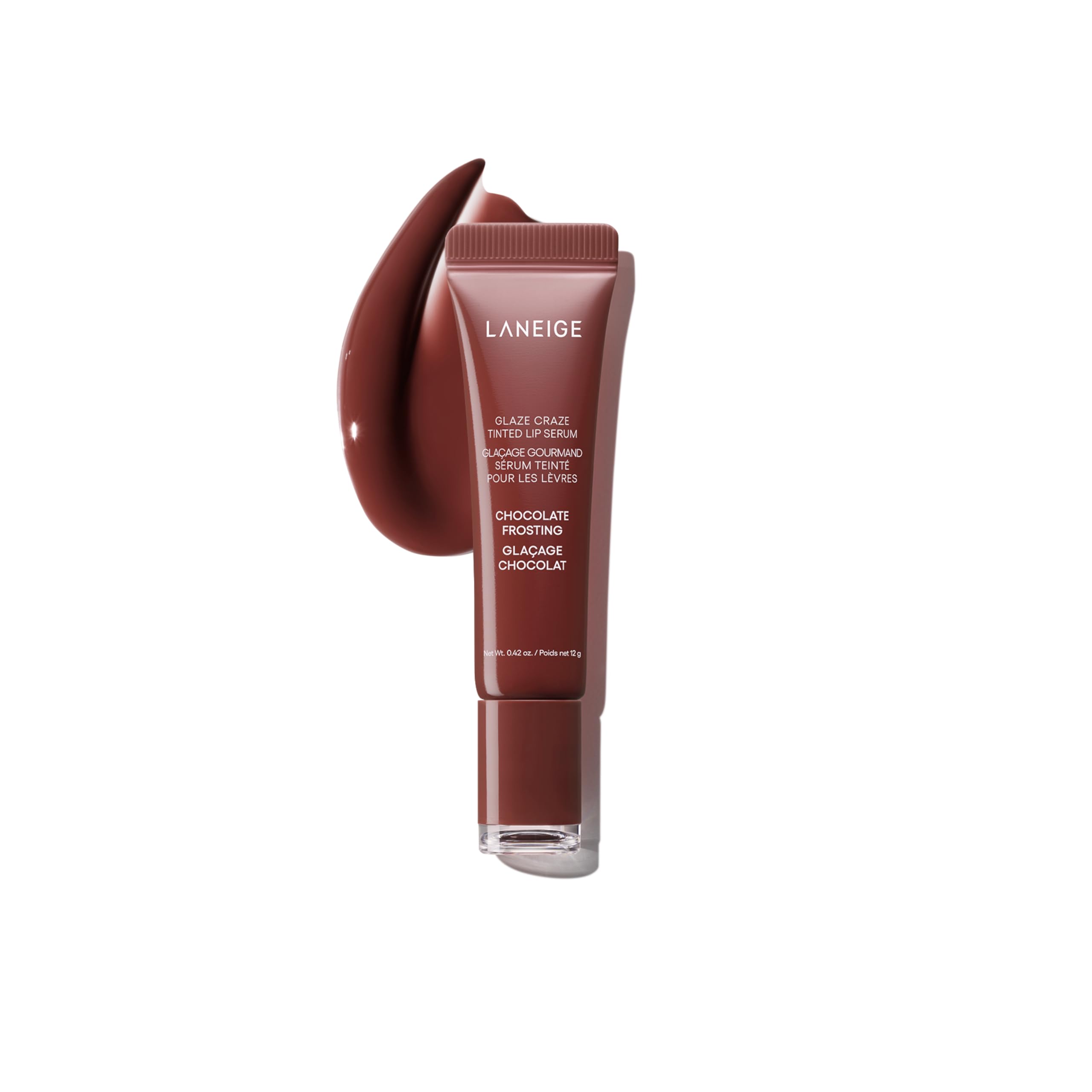 LANEIGE Glaze Craze Chocolate Frosting lip serum tube for a glossy, hydrated pout.