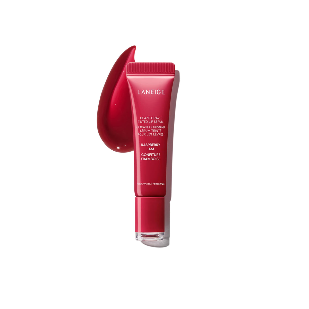 LANEIGE Glaze Craze Raspberry Jam swatch showing glassy shine and hydrating nourishment.