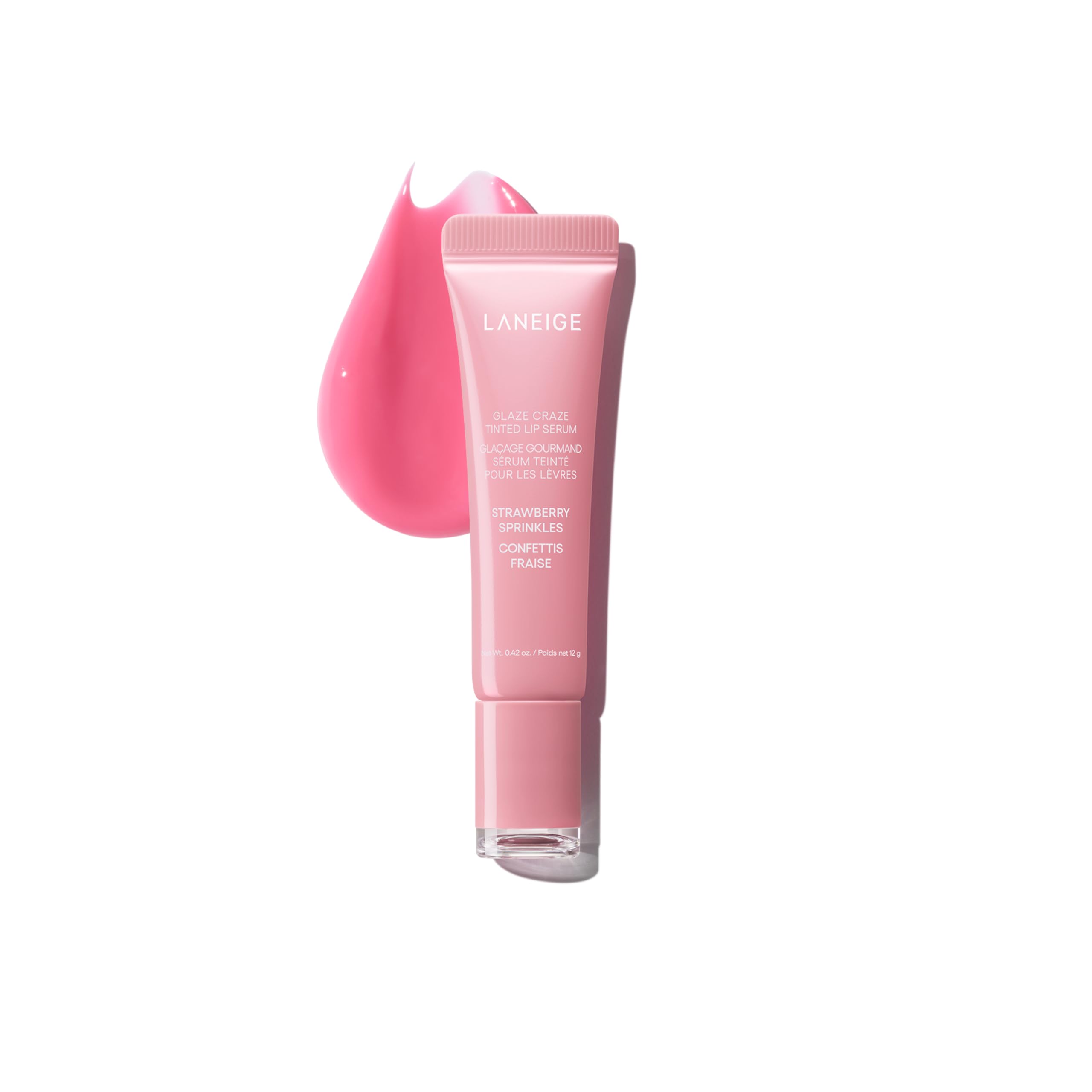LANEIGE Glaze Craze strawberry-sprinkles tint close-up for hydrated, glassy lips.