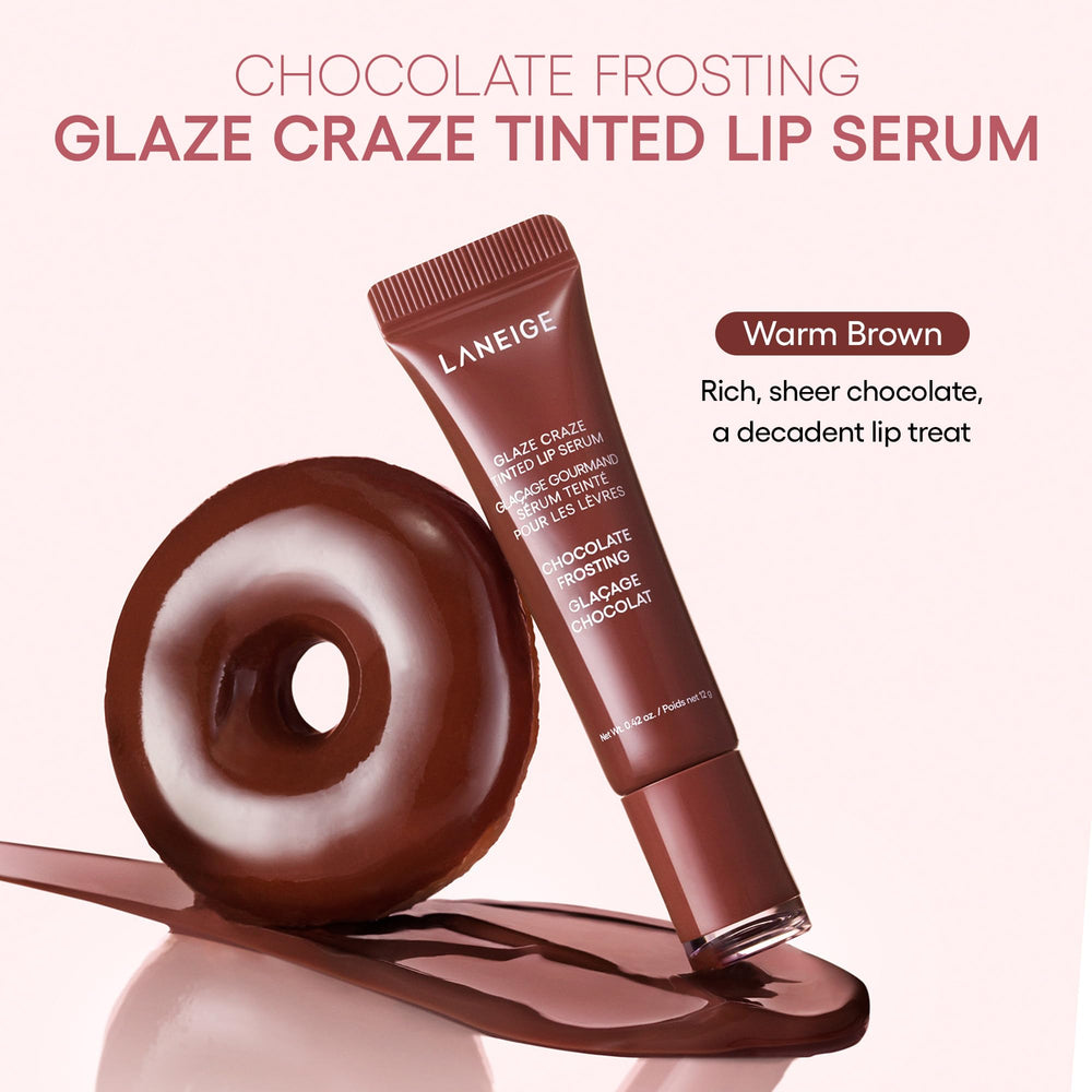 LANEIGE Glaze Craze swatches on lips, showcasing four donut-inspired shades.