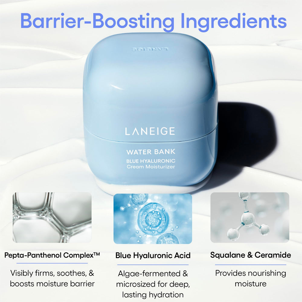 LANEIGE Water Bank Cream mini container highlighting lasting hydration