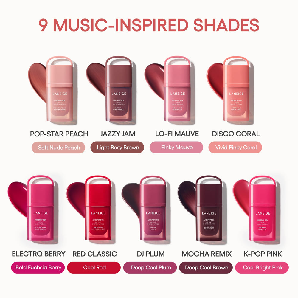 Laneige JuicePop Box Lip Tint offers buildable color for customizable looks.