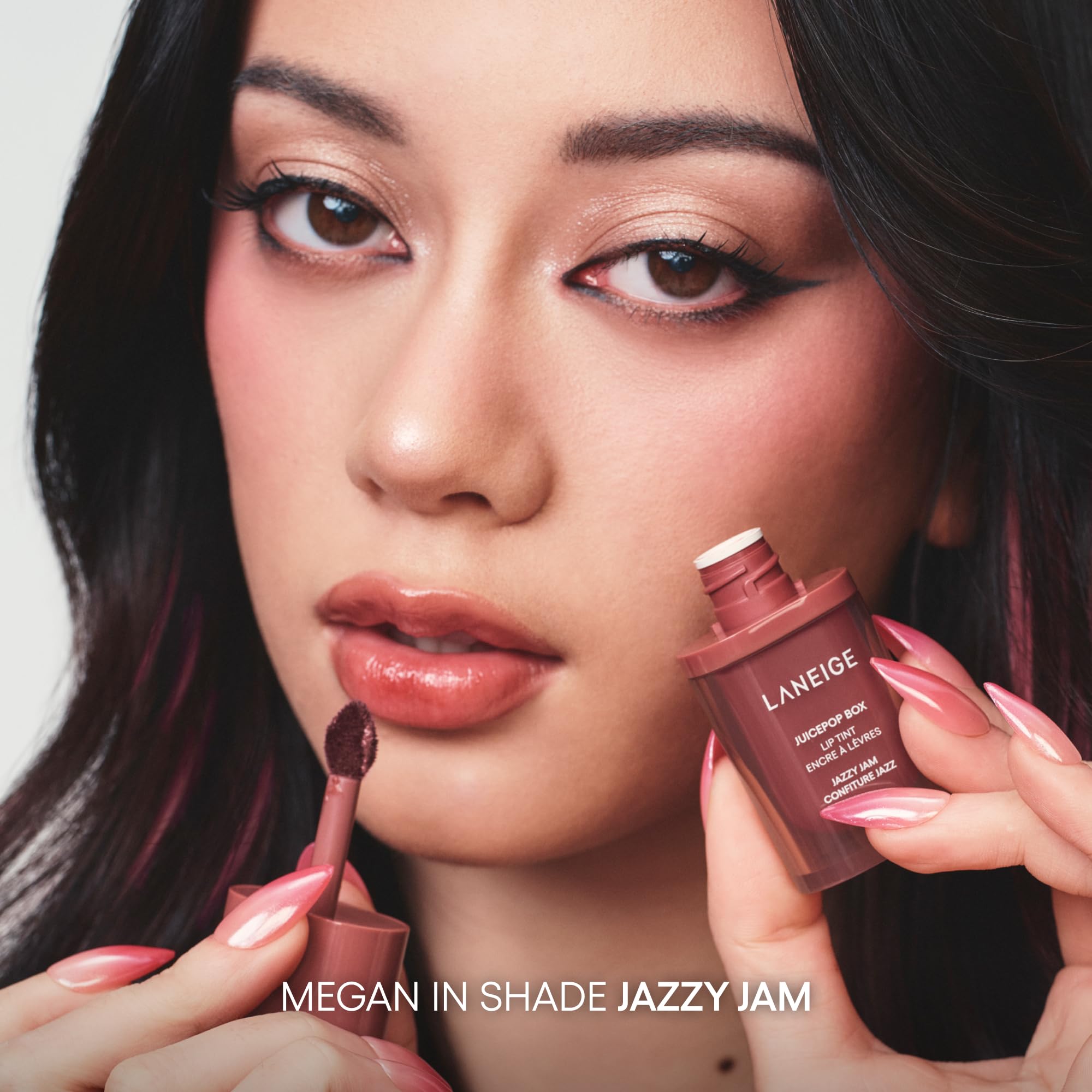 LANEIGE JuicePop Box Lip Tint close-up shows hydrating, lasting color on lips