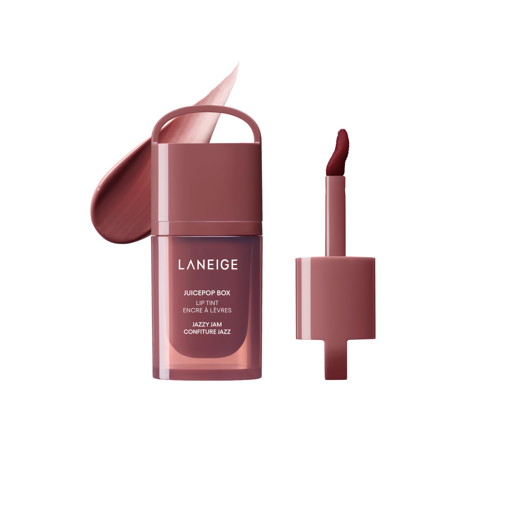 LANEIGE JuicePop Box Lip Tint Jazzy Jam swatch reveals juicy color with glossy finish