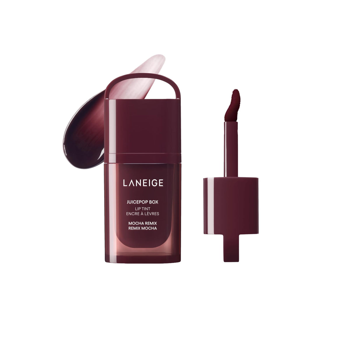 Laneige JuicePop Box Lip Tint Mocha Remix shown with glossy finish for juicy buildable color.