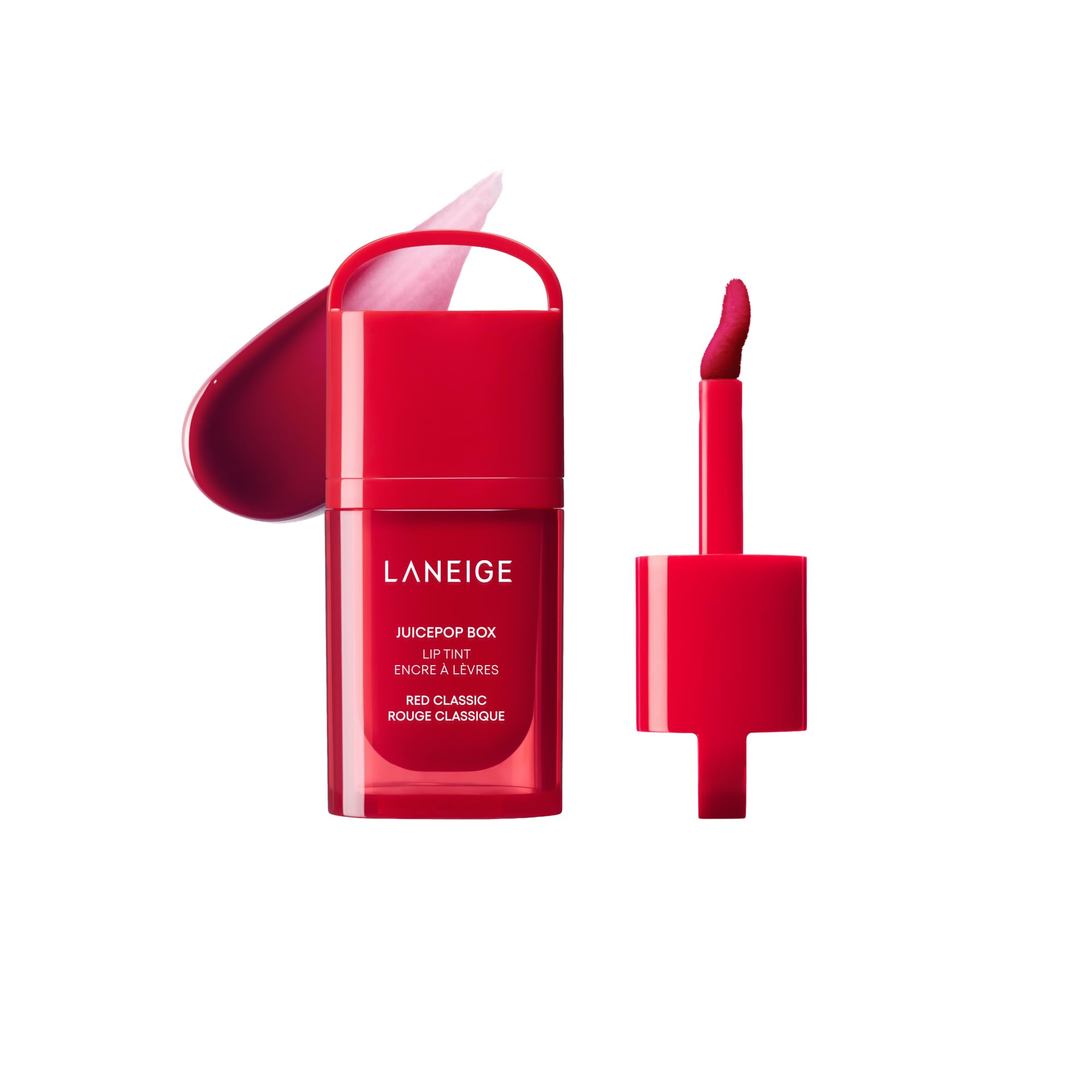 Laneige JuicePop Box Lip Tint in Red Classic swatch with glossy, long-lasting color
