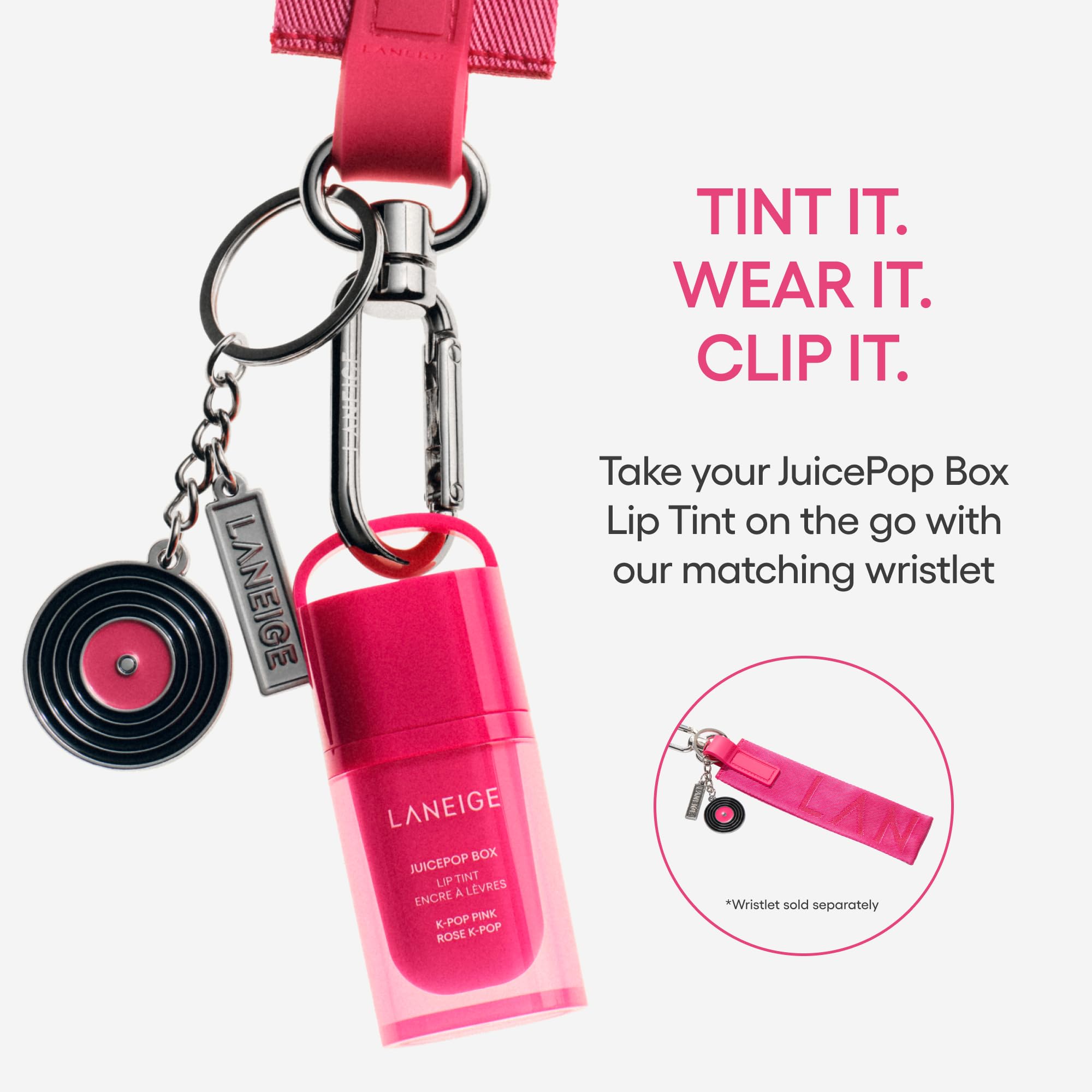 LANEIGE JuicePop Box Lip Tint wristlet with two music-inspired charms adds playful style.