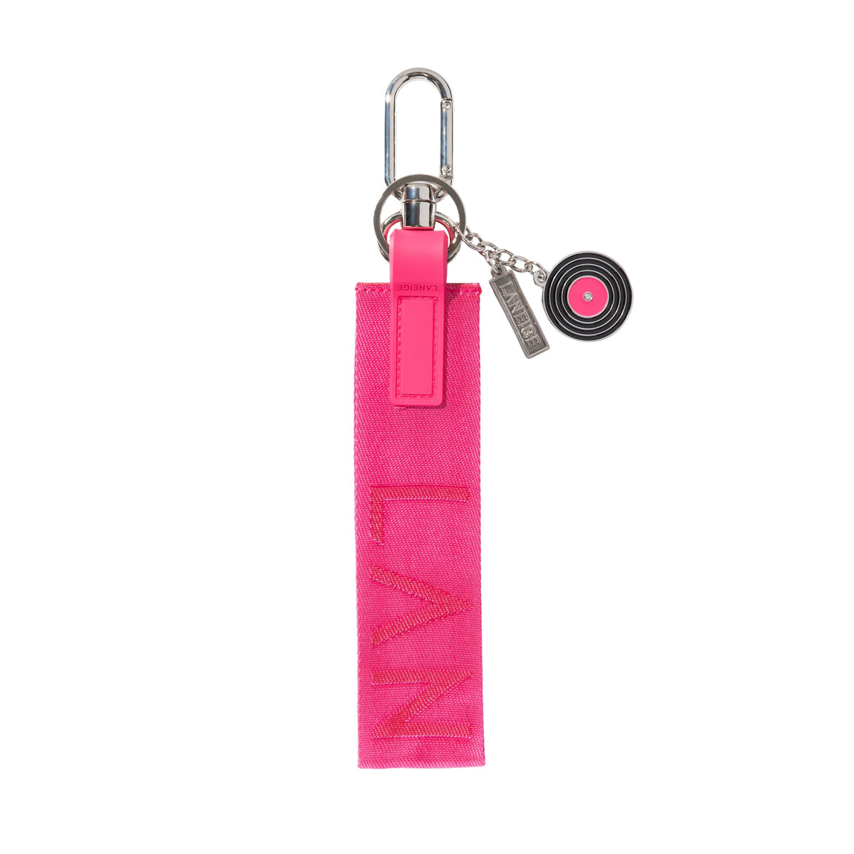 LANEIGE JuicePop Box Lip Tint wristlet close-up shows secure clip for on-the-go touch-ups.