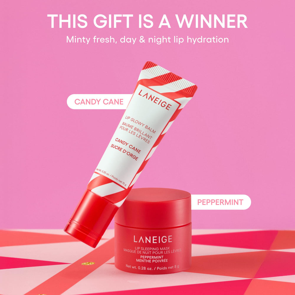 Laneige Lip Glowy Balm Candy Cane close-up for daytime hydration and glow.