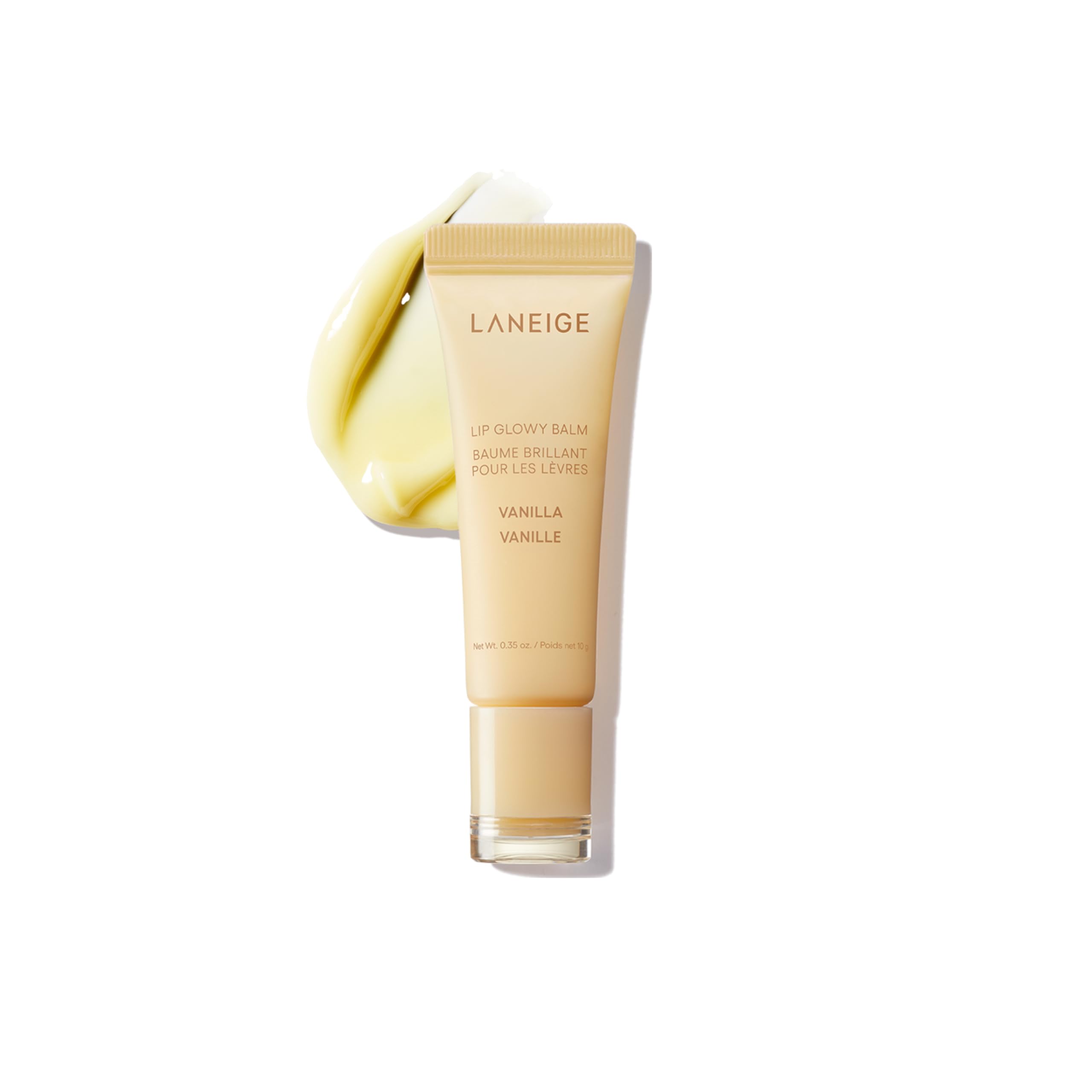 Laneige Lip Glowy Balm Vanilla tube closeup showing compact hydration.