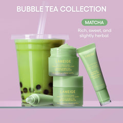 LANEIGE Lip Sleeping Mask Matcha Bubble Tea spread shows creamy nourishment.