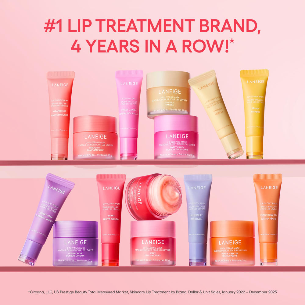 Lips appear nourished and glossy with LANEIGE Pear-tinted balm in use.