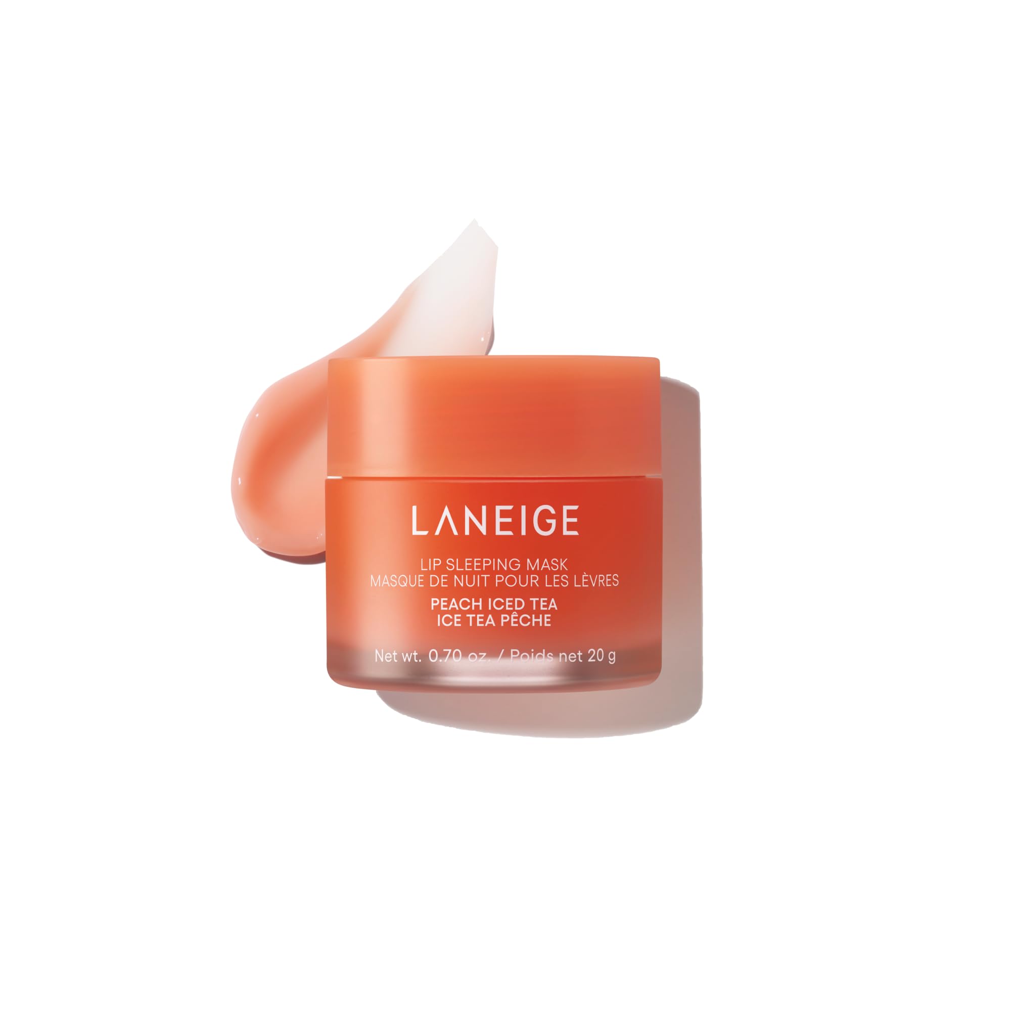 Laneige Lip Sleeping Mask Peach Iced Tea in jar for overnight hydration.